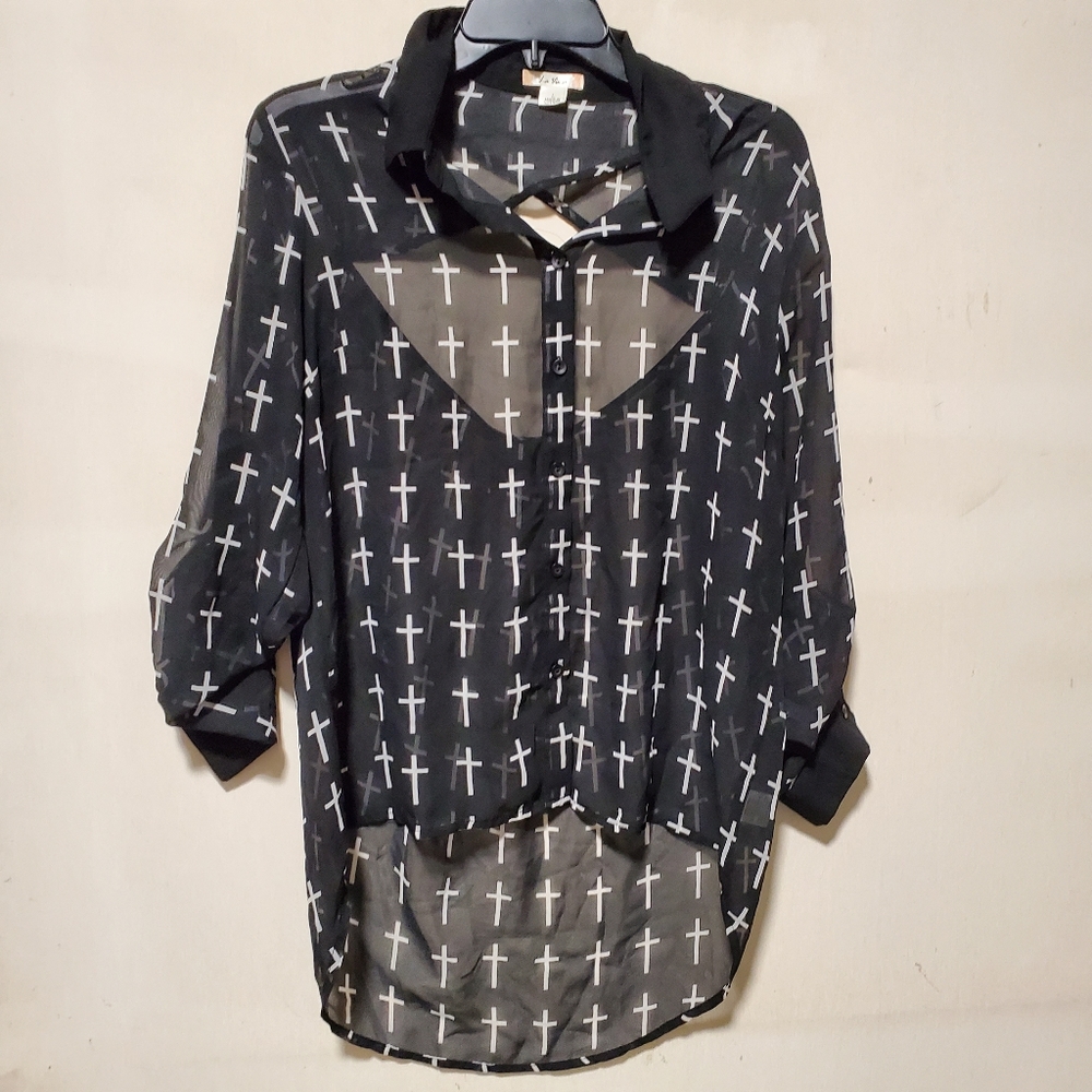 La Vie 89 Black Sheer with Crosses Print Sz Large